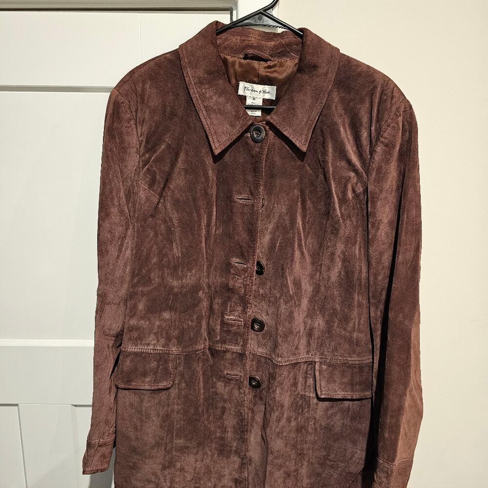 Preston & York brown tan genuine Suede Leather Jacket blazer coat buttons XL